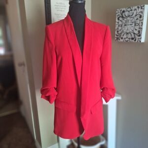 Zara Woman Vibrant Red Career Blazer Open Front 3/4 Sleeve M